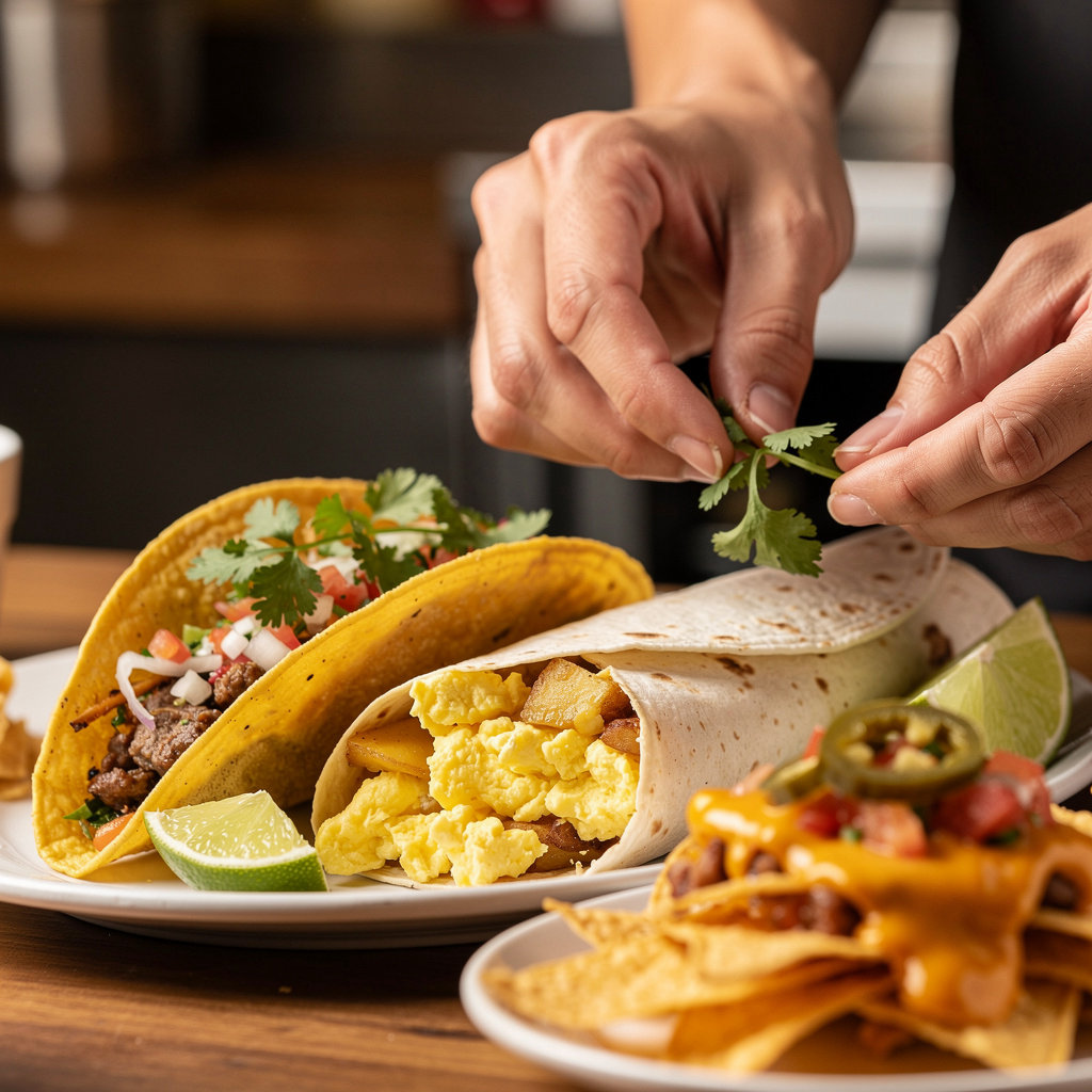Taquería Rincón Alteño signature dishes including breakfast burritos, crispy tacos, and nachos in Santa Barbara